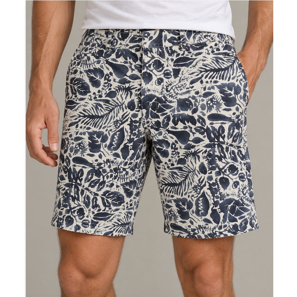 American Eagle Outfitters Shorts 32 Blue White Tropical Leaf Print Cotton Beach